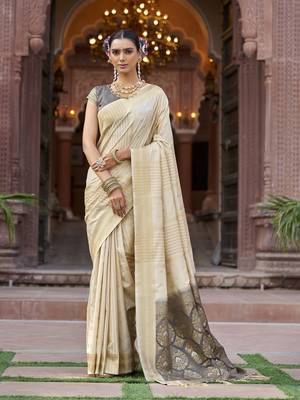 Cream soft silk blend butti banarasi silk blend zari jacquard work designer saree 1