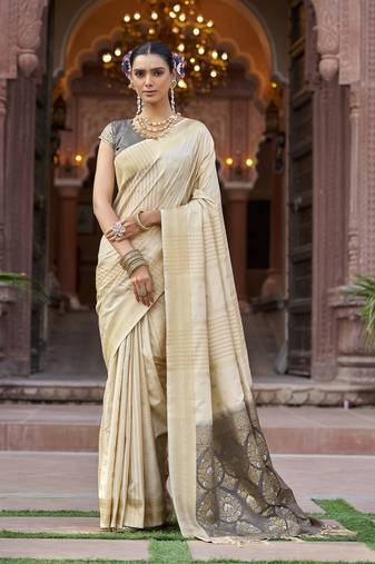 Cream soft silk blend butti banarasi silk blend zari jacquard work designer saree