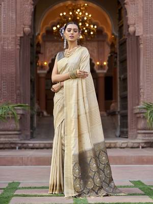 Cream soft silk blend butti banarasi silk blend zari jacquard work designer saree 2