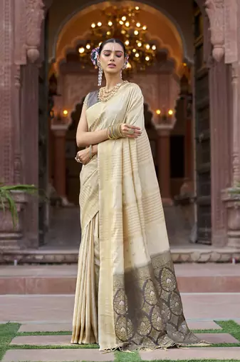 Cream soft silk blend butti banarasi silk blend zari jacquard work designer saree