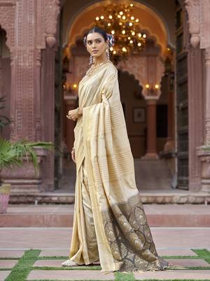 Cream soft silk blend butti banarasi silk blend zari jacquard work designer saree 3