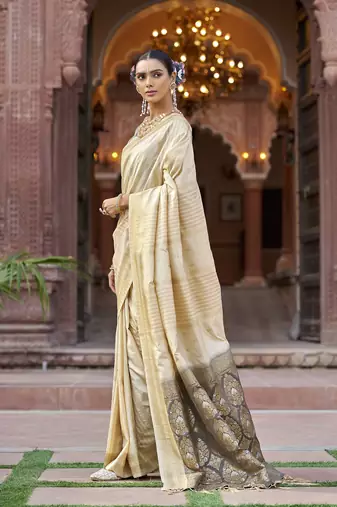 Cream soft silk blend butti banarasi silk blend zari jacquard work designer saree