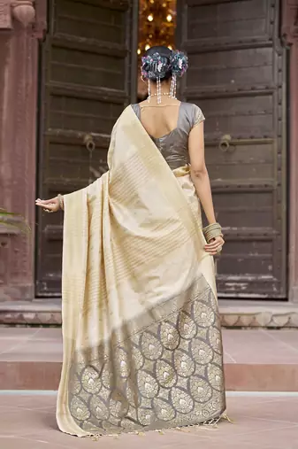 Cream soft silk blend butti banarasi silk blend zari jacquard work designer saree