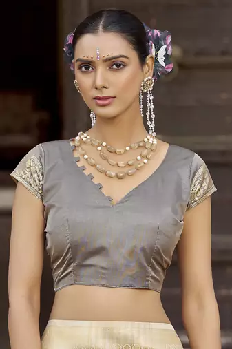 Cream soft silk blend butti banarasi silk blend zari jacquard work designer saree
