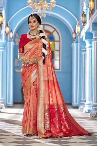Peach soft silk blend butti banarasi silk blend zari jacquard work designer saree