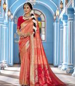 Peach soft silk blend butti banarasi silk blend zari jacquard work designer saree