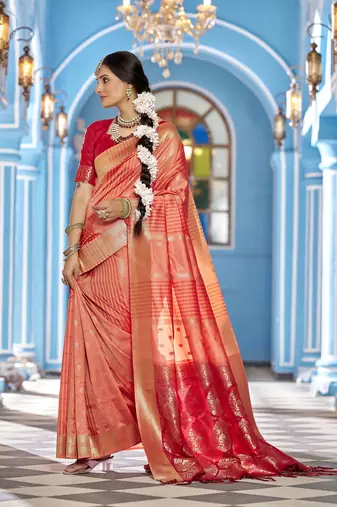 Peach soft silk blend butti banarasi silk blend zari jacquard work designer saree