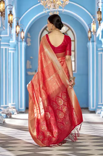 Peach soft silk blend butti banarasi silk blend zari jacquard work designer saree