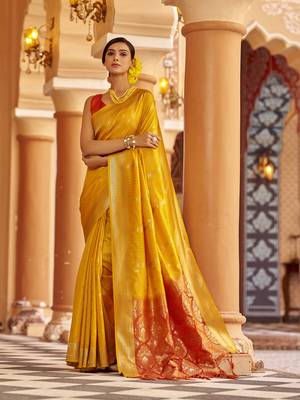 Yellow soft silk blend butti banarasi silk blend zari jacquard work designer saree 1