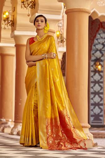 Yellow soft silk blend butti banarasi silk blend zari jacquard work designer saree
