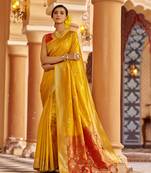 Yellow soft silk blend butti banarasi silk blend zari jacquard work designer saree
