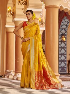 Yellow soft silk blend butti banarasi silk blend zari jacquard work designer saree 2