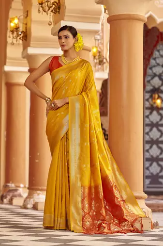 Yellow soft silk blend butti banarasi silk blend zari jacquard work designer saree