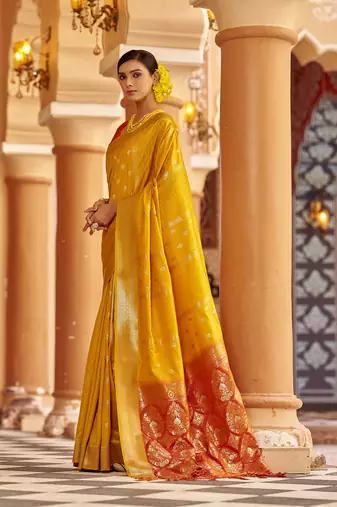 Yellow soft silk blend butti banarasi silk blend zari jacquard work designer saree