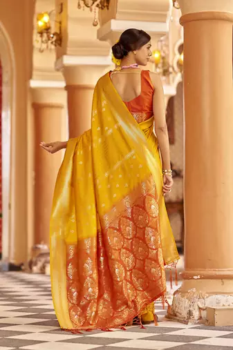 Yellow soft silk blend butti banarasi silk blend zari jacquard work designer saree