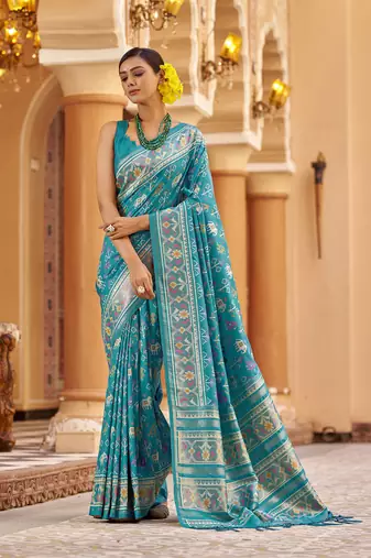 Firozi soft silk blend patola zari jacquard work designer saree