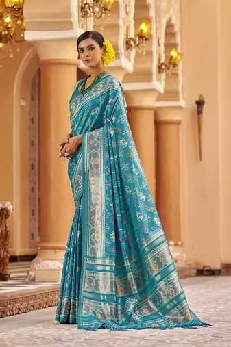 Firozi soft silk blend patola zari jacquard work designer saree
