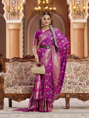Rani pink soft silk blend patola zari jacquard work designer saree 2