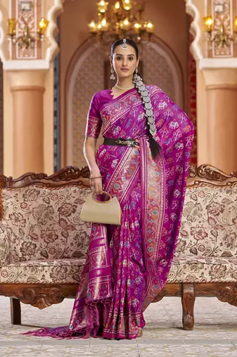 Rani pink soft silk blend patola zari jacquard work designer saree
