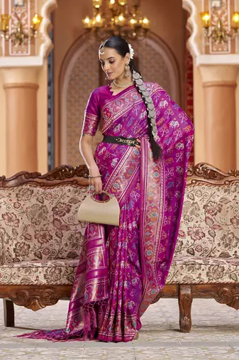 Rani pink soft silk blend patola zari jacquard work designer saree
