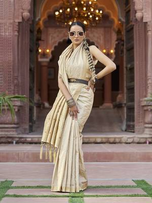 Cream soft silk blend kanjivaram zari jacquard work designer saree 1