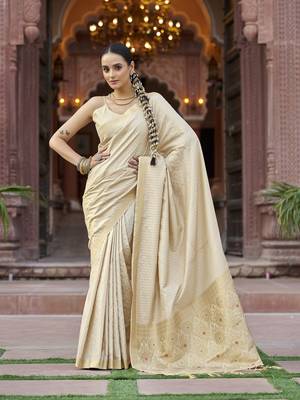 Cream soft silk blend kanjivaram zari jacquard work designer saree 2