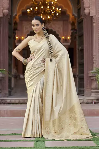 Cream soft silk blend kanjivaram zari jacquard work designer saree