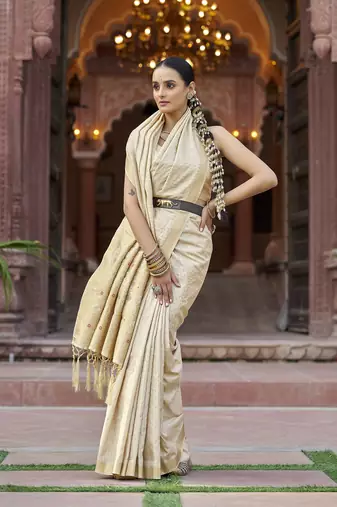 Cream soft silk blend kanjivaram zari jacquard work designer saree