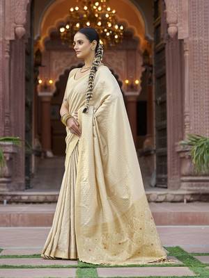 Cream soft silk blend kanjivaram zari jacquard work designer saree 4