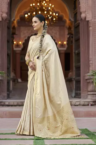 Cream soft silk blend kanjivaram zari jacquard work designer saree