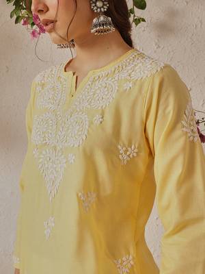 Hand Embroidered Yellow Cotton Lucknowi Chikankari Indian Women Kurti 6