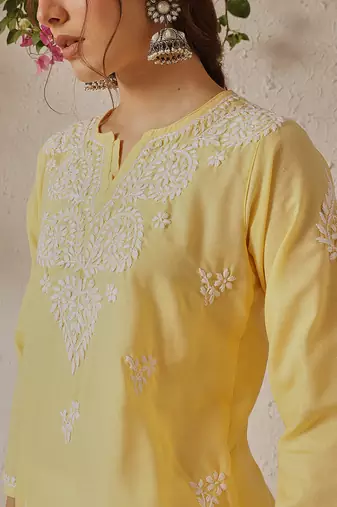 Hand Embroidered Yellow Cotton Lucknowi Chikankari Indian Women Kurti
