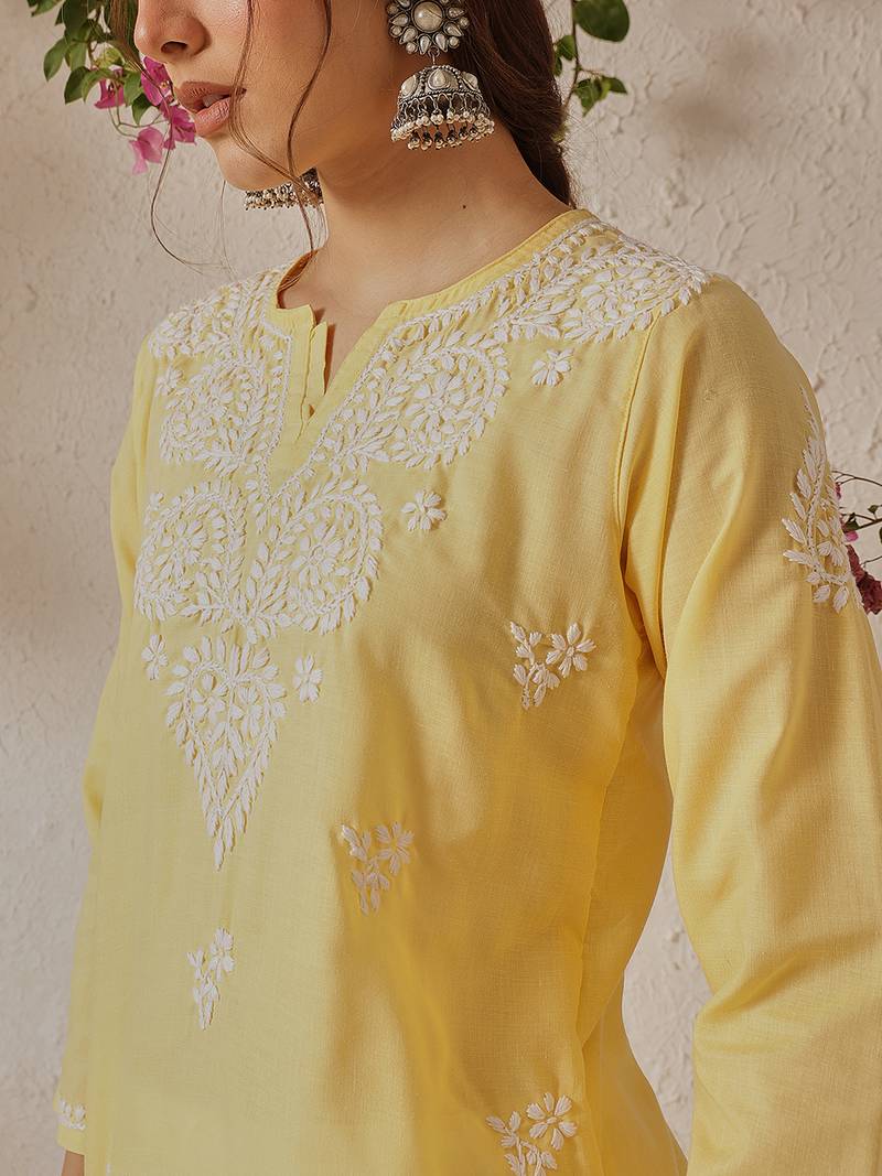 Hand Embroidered Yellow Cotton Lucknowi Chikankari Indian Women Kurti