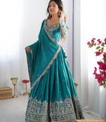 Teal Natural Crep silk lehenga CHOLI with dupatta