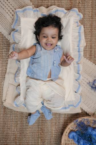 Blue sleeveless blue infant handloom kurta, dhoti pants and shoes for kids
