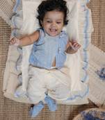 Blue sleeveless blue infant handloom kurta, dhoti pants and shoes for kids