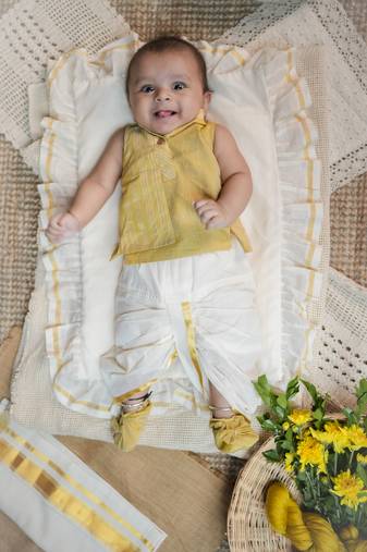 Yellow sleeveless yellow  infant handloom kurta with dhoti pants and matching shoes for kids