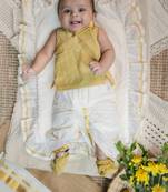 Yellow sleeveless yellow  infant handloom kurta with dhoti pants and matching shoes for kids
