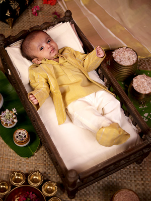 yellow cotton silver strip short kurta pant for kids 1