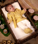 Yellow handloom infant yellow sliver strip short kurta with full sleeves, pants and shoes for kids