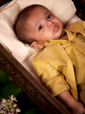yellow cotton silver strip short kurta pant for kids 3