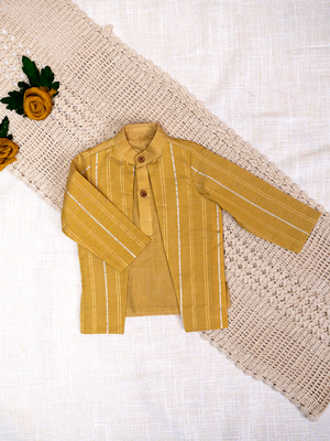 yellow cotton silver strip short kurta pant for kids 4