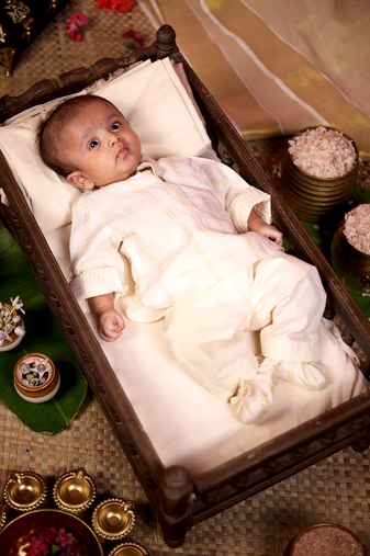 White handloom infant kasavu mundu, mandarin collar kurta and shoes for kids