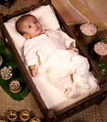 White handloom infant kasavu mundu, mandarin collar kurta and shoes for kids