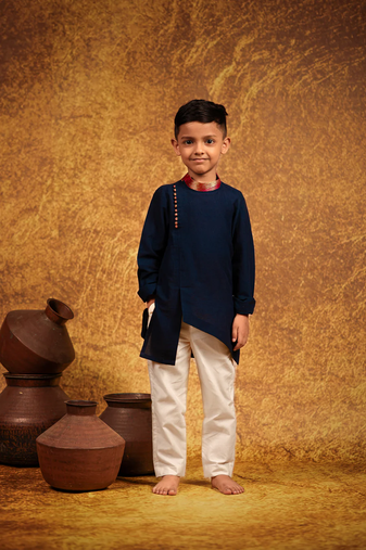Blue pure  cotton long kurta and pant for kids