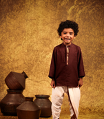 Red full sleeved short kurta and dhothi pant made from cotton for kids