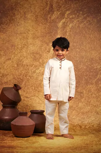 White plain pure  cotton short kurta and pant for kids