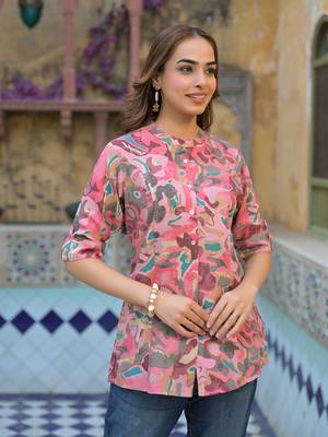 Divena pink printed rayon a-line top 1