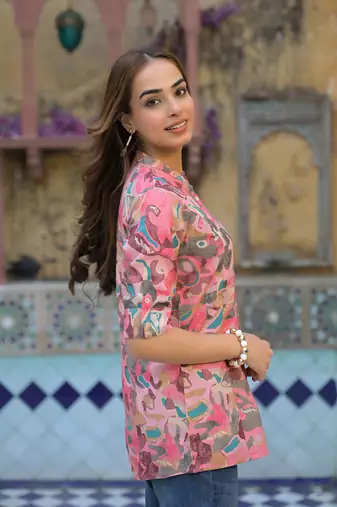 Divena pink printed rayon a-line top