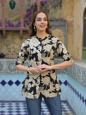 Divena black printed rayon a-line top 1